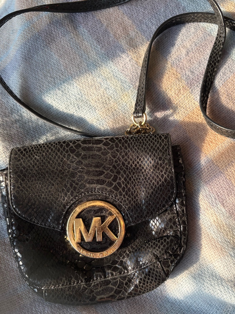 Michael Kors Black Snake-Embossed Crossbody with Gold MK Logo